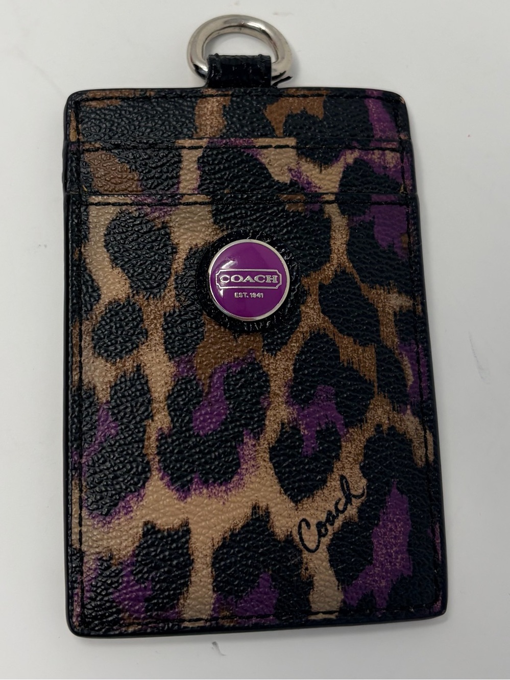 Coach Leopard-Print Card Holder with Purple Accents and Key Ring